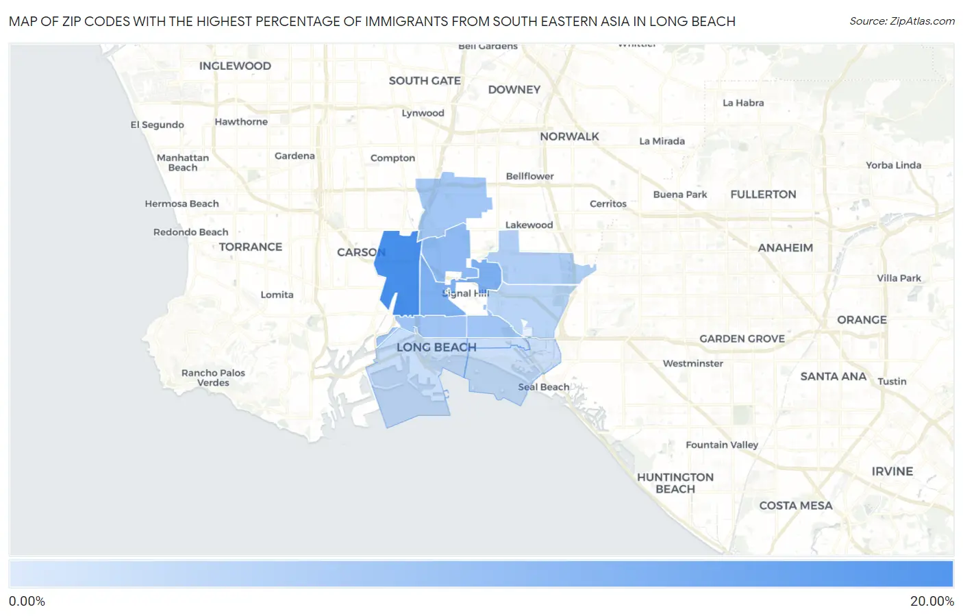 Zip Codes with the Highest Percentage of Immigrants from South Eastern Asia in Long Beach Map