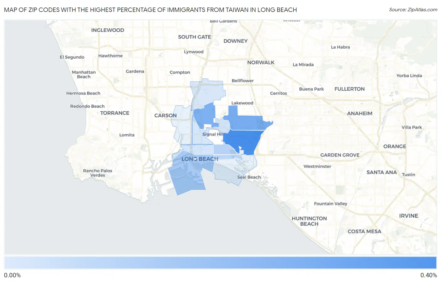 Zip Codes with the Highest Percentage of Immigrants from Taiwan in Long Beach Map