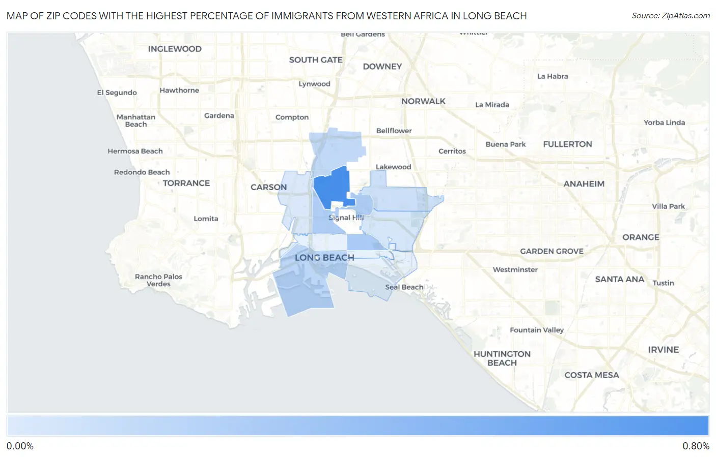Zip Codes with the Highest Percentage of Immigrants from Western Africa in Long Beach Map