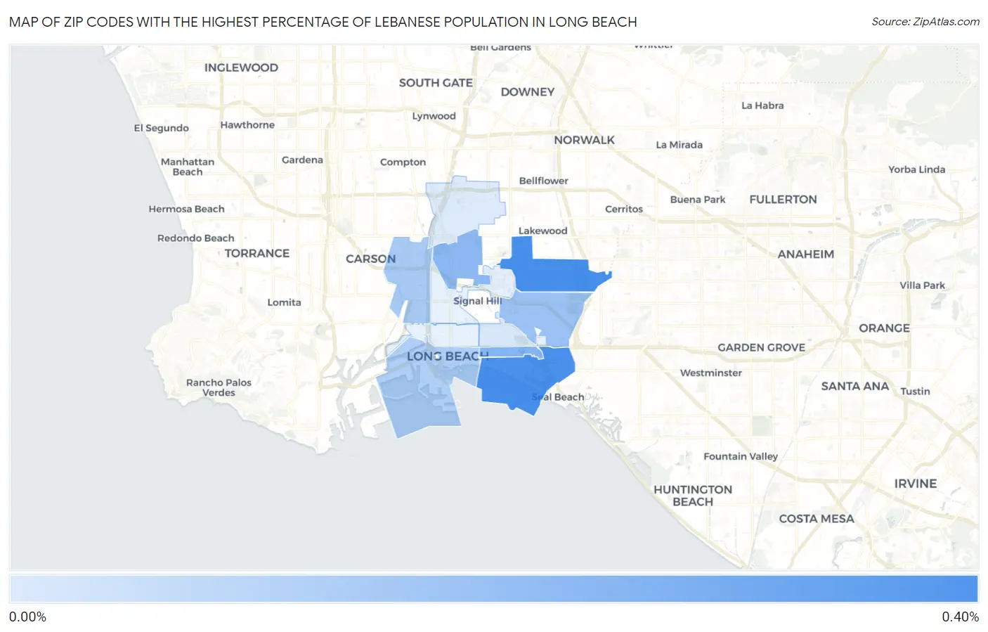 Zip Codes with the Highest Percentage of Lebanese Population in Long Beach Map