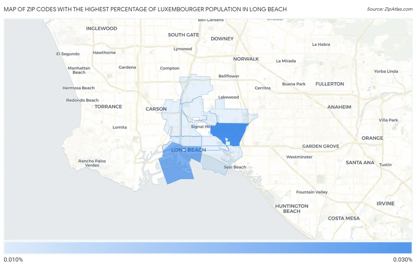 Zip Codes with the Highest Percentage of Luxembourger Population in Long Beach Map