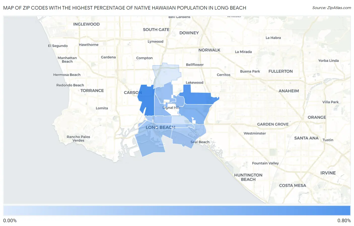 Zip Codes with the Highest Percentage of Native Hawaiian Population in Long Beach Map