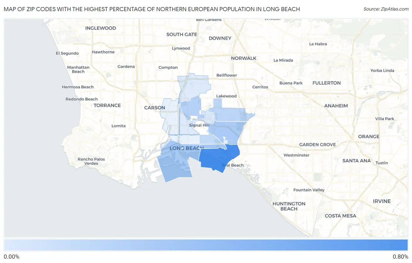 Zip Codes with the Highest Percentage of Northern European Population in Long Beach Map