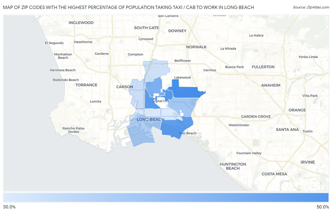 Zip Codes with the Highest Percentage of Population Taking Taxi / Cab to Work in Long Beach Map