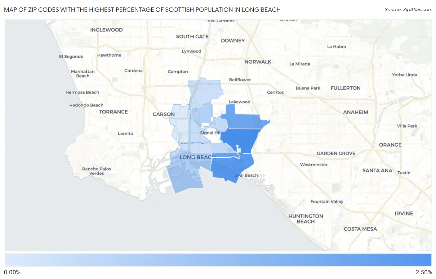 Zip Codes with the Highest Percentage of Scottish Population in Long Beach Map