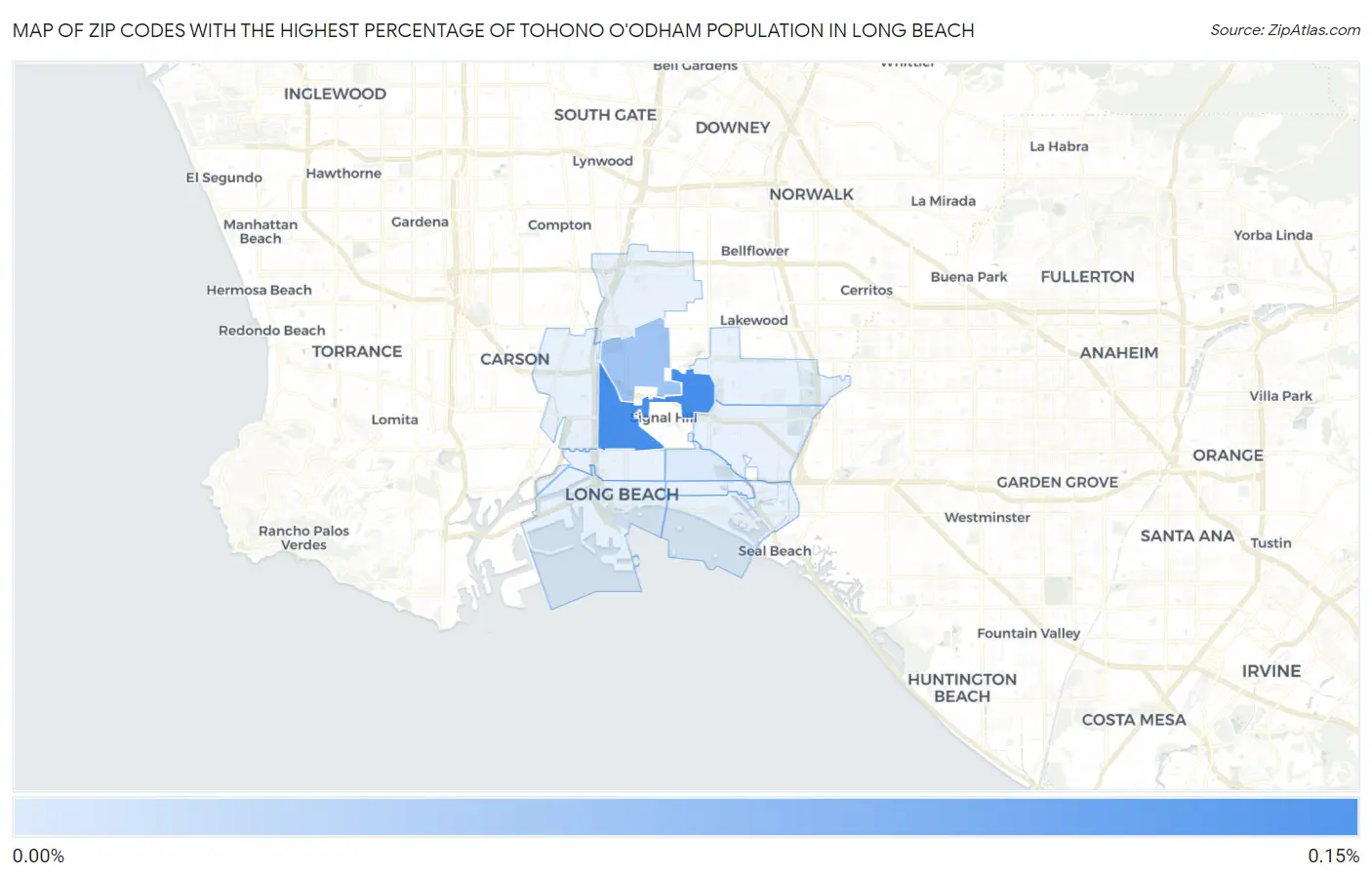 Zip Codes with the Highest Percentage of Tohono O'Odham Population in Long Beach Map