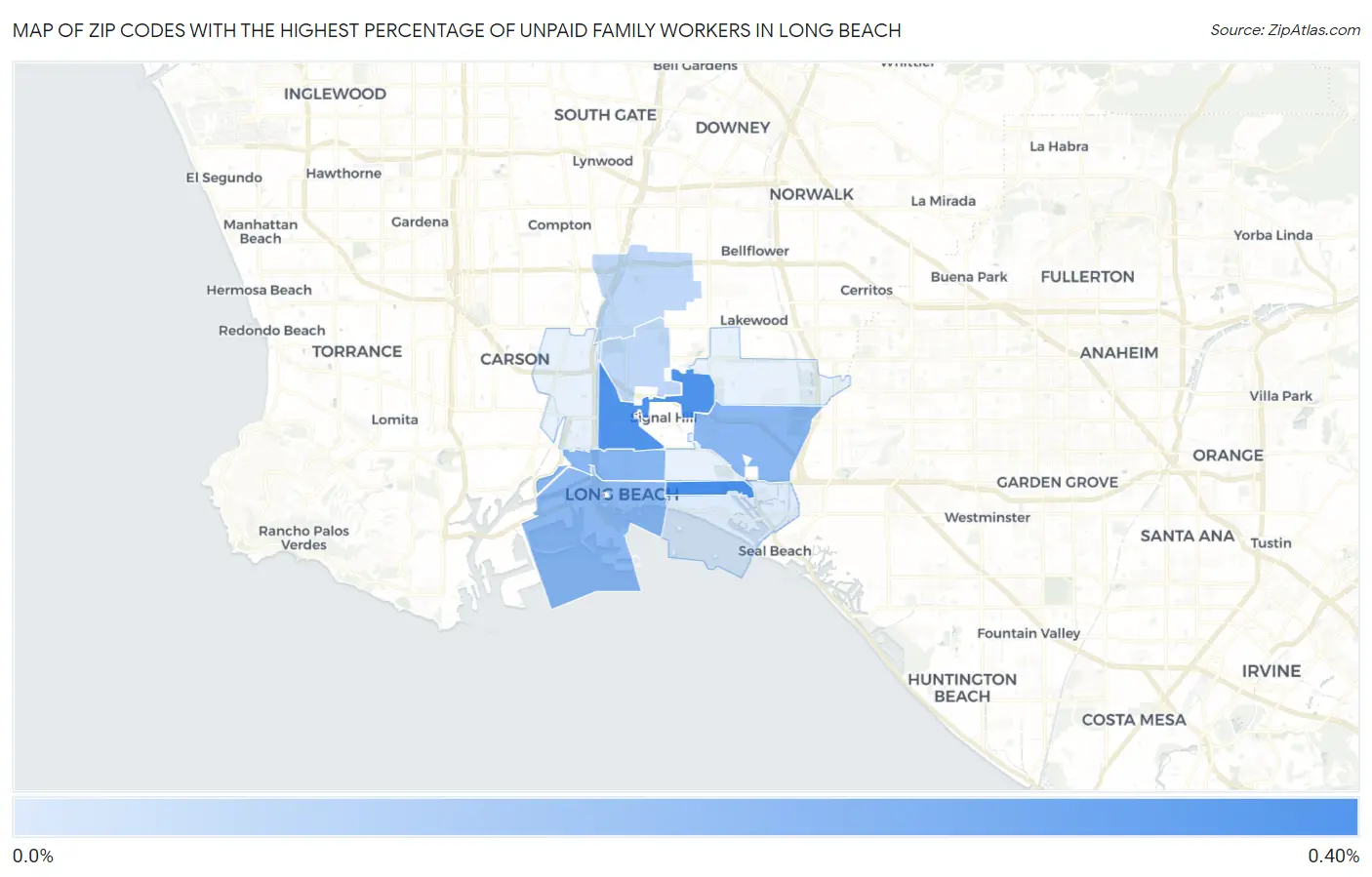 Zip Codes with the Highest Percentage of Unpaid Family Workers in Long Beach Map