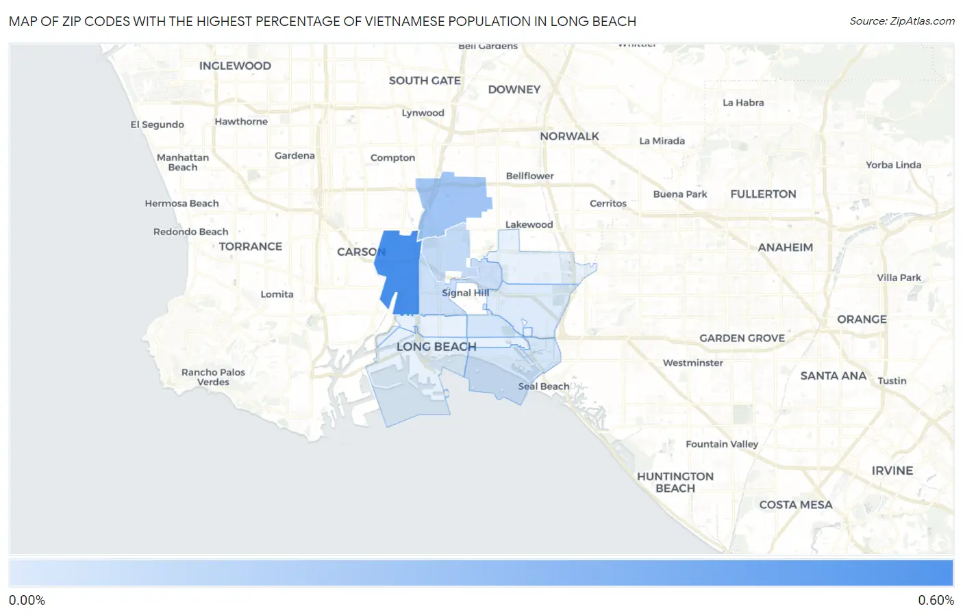 Zip Codes with the Highest Percentage of Vietnamese Population in Long Beach Map
