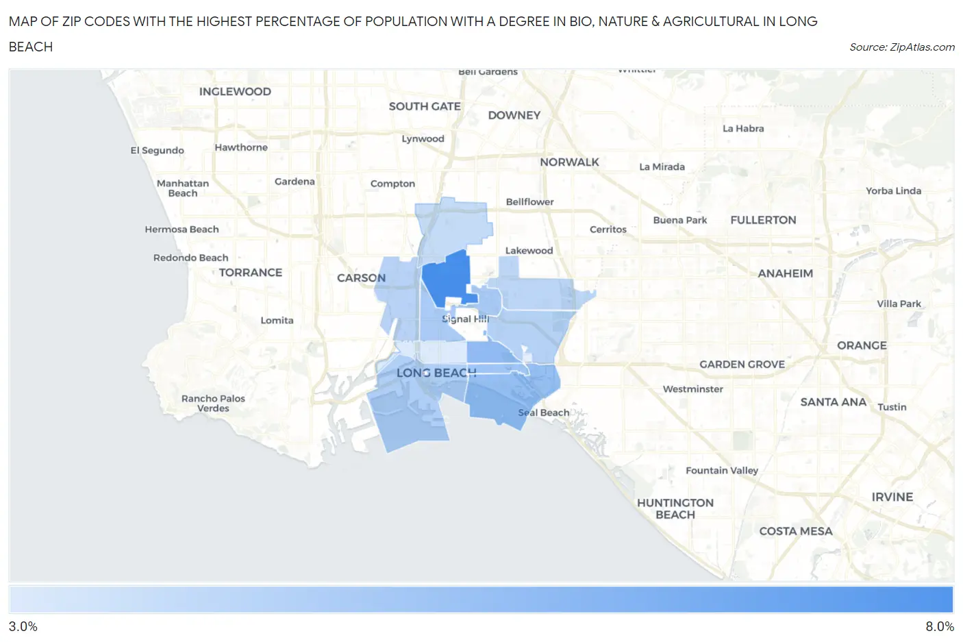 Zip Codes with the Highest Percentage of Population with a Degree in Bio, Nature & Agricultural in Long Beach Map