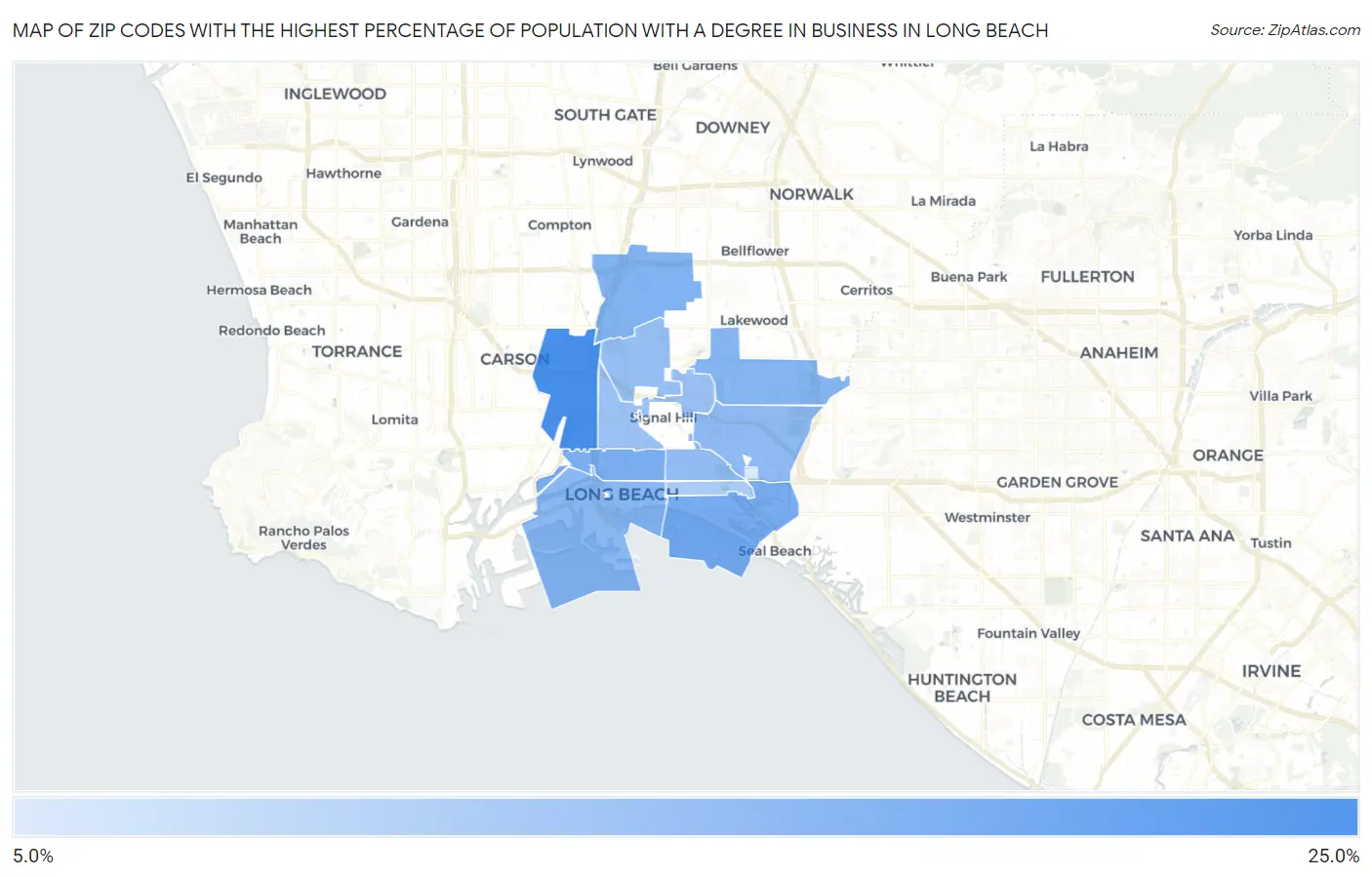 Zip Codes with the Highest Percentage of Population with a Degree in Business in Long Beach Map