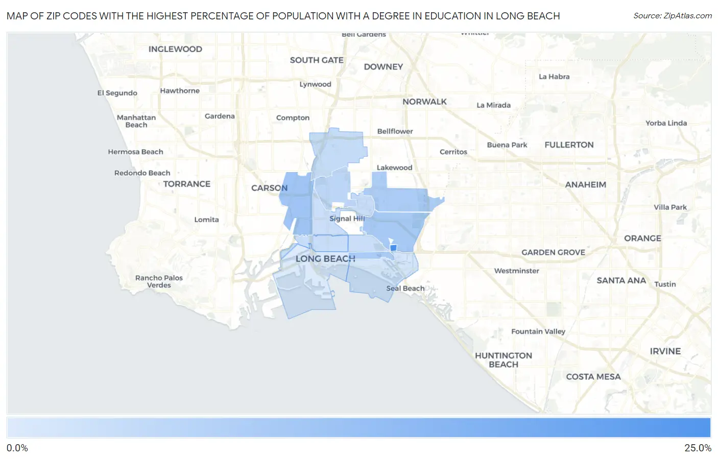 Zip Codes with the Highest Percentage of Population with a Degree in Education in Long Beach Map