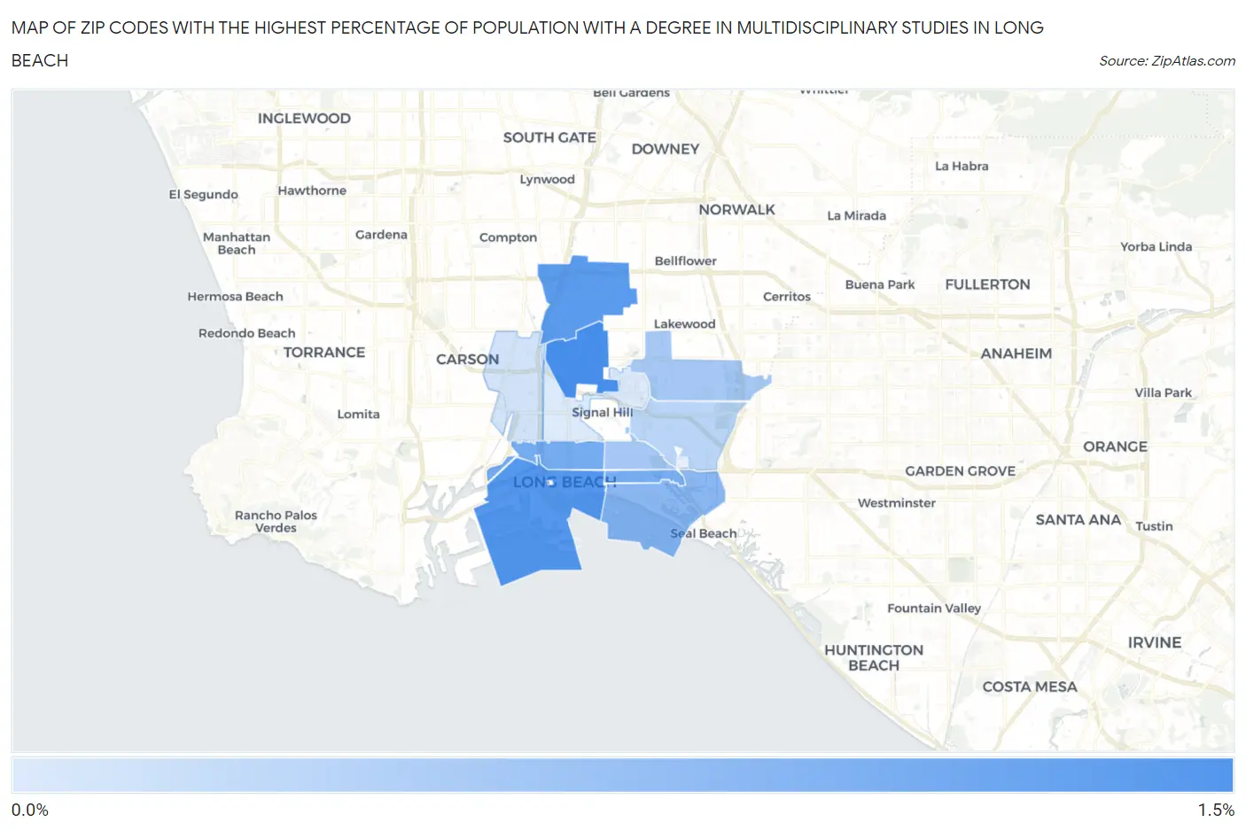 Zip Codes with the Highest Percentage of Population with a Degree in Multidisciplinary Studies in Long Beach Map