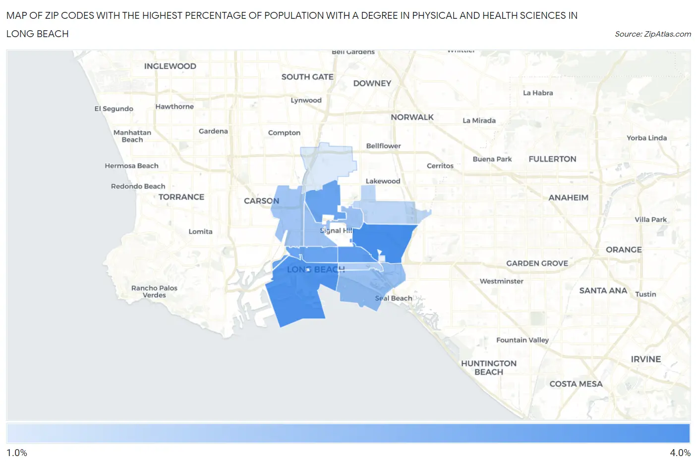Zip Codes with the Highest Percentage of Population with a Degree in Physical and Health Sciences in Long Beach Map