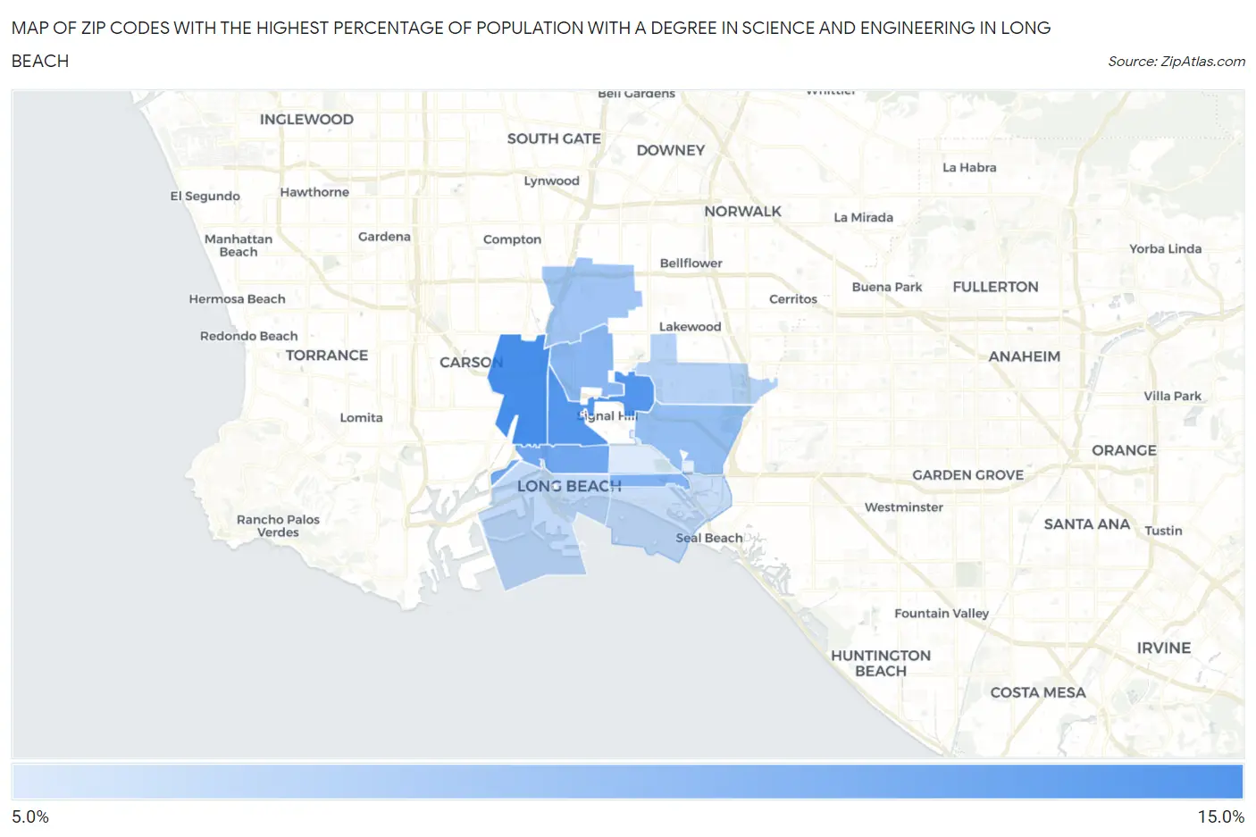 Zip Codes with the Highest Percentage of Population with a Degree in Science and Engineering in Long Beach Map
