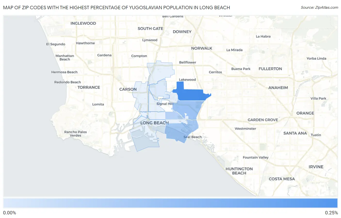 Zip Codes with the Highest Percentage of Yugoslavian Population in Long Beach Map