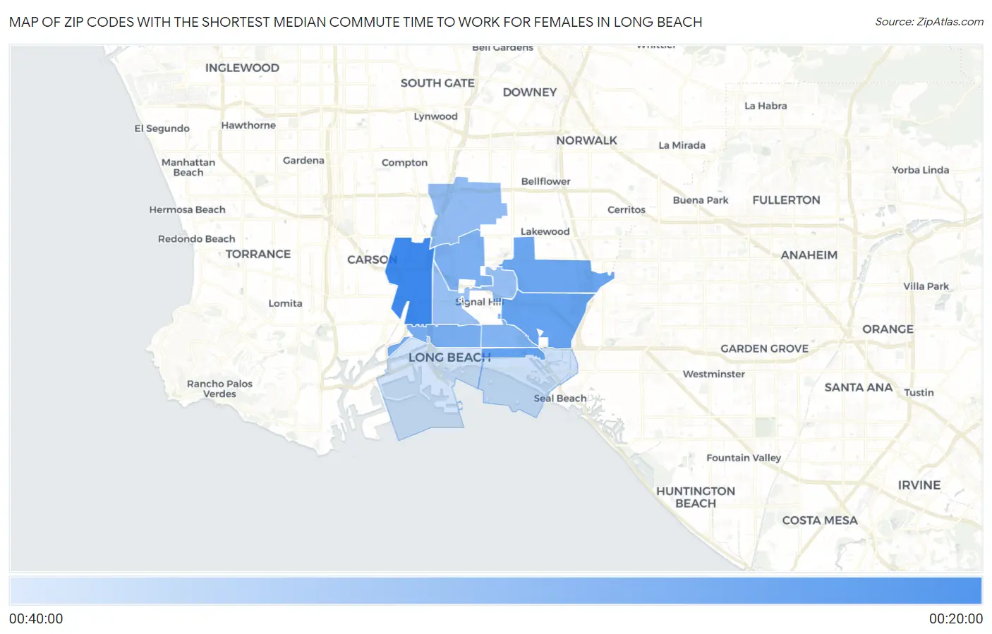 Zip Codes with the Shortest Median Commute Time to Work for Females in Long Beach Map
