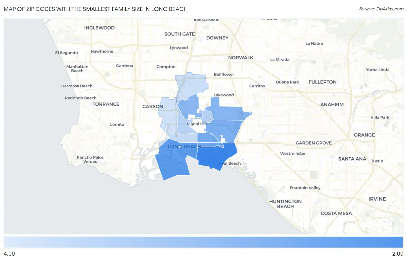 Zip Codes with the Smallest Family Size in Long Beach Map
