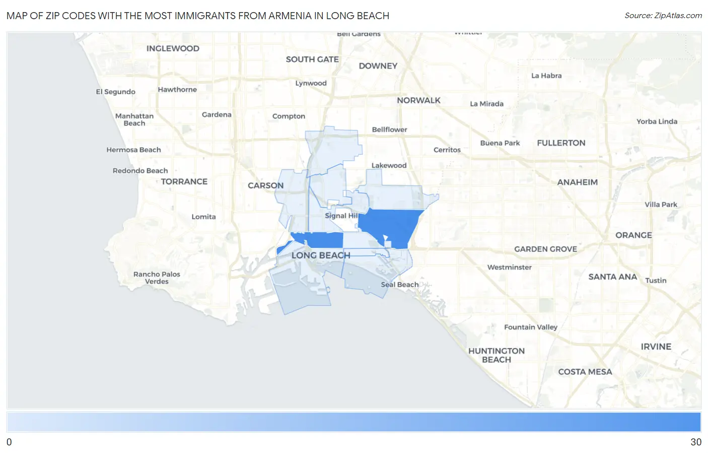 Zip Codes with the Most Immigrants from Armenia in Long Beach Map