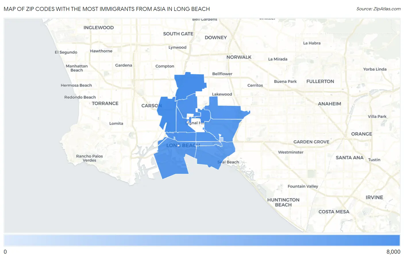 Zip Codes with the Most Immigrants from Asia in Long Beach Map