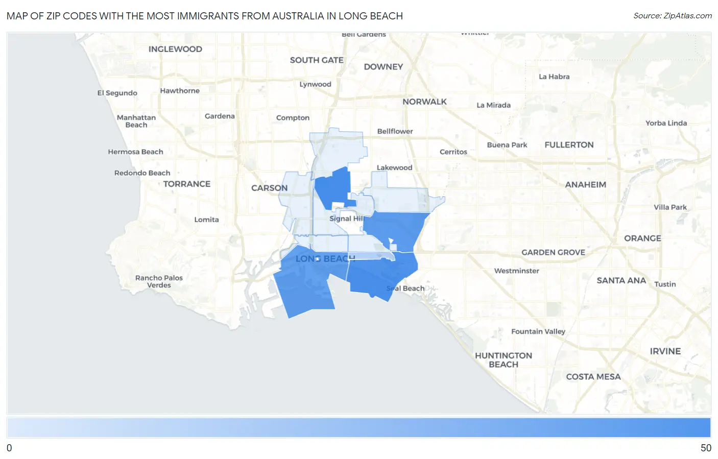 Zip Codes with the Most Immigrants from Australia in Long Beach Map