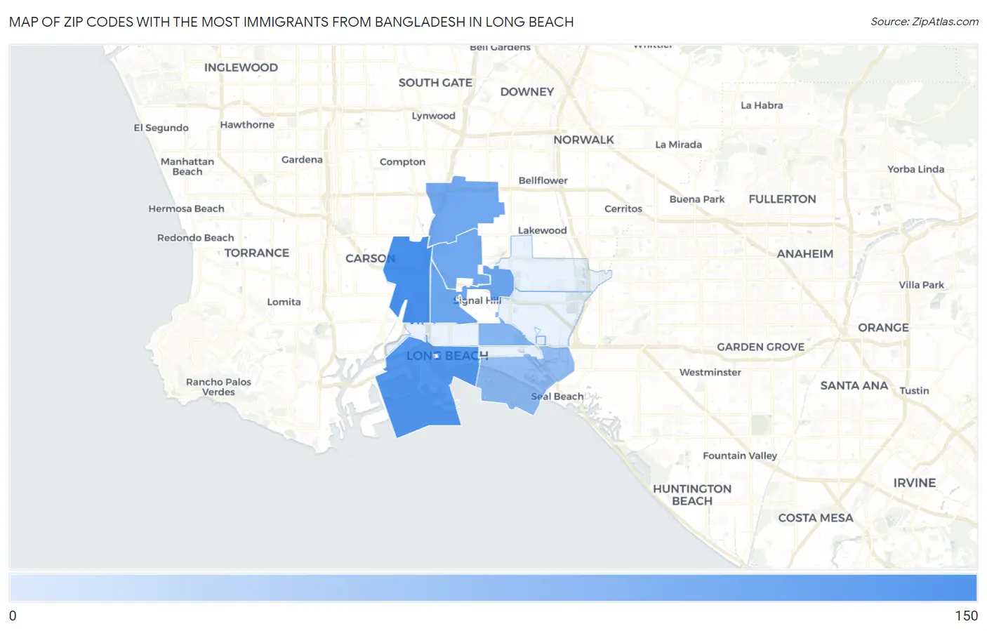 Zip Codes with the Most Immigrants from Bangladesh in Long Beach Map