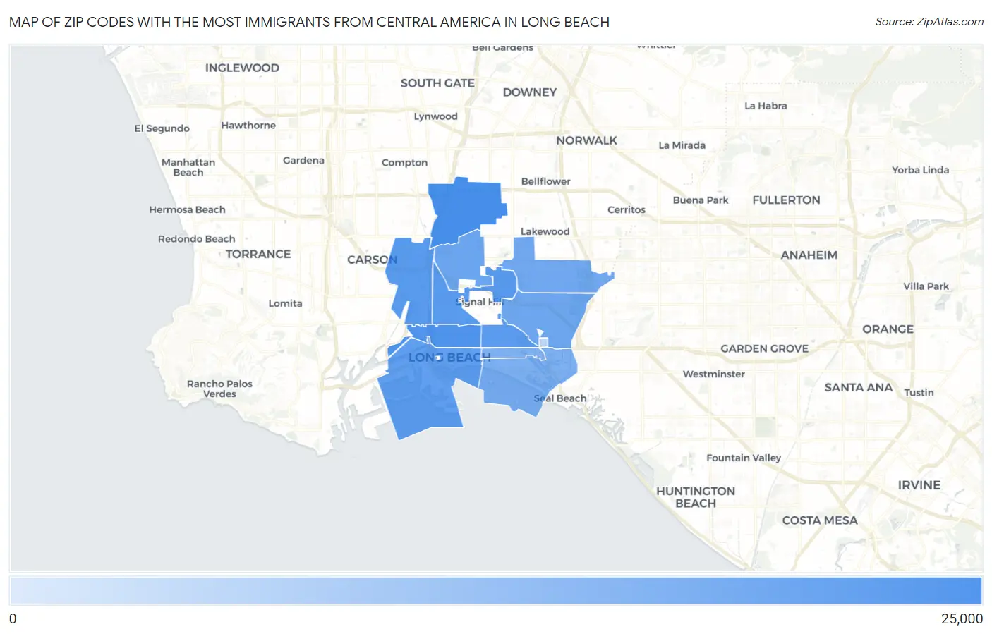 Zip Codes with the Most Immigrants from Central America in Long Beach Map