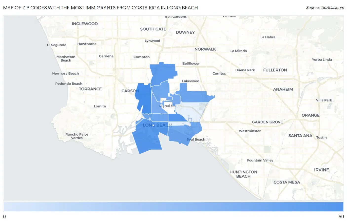 Zip Codes with the Most Immigrants from Costa Rica in Long Beach Map