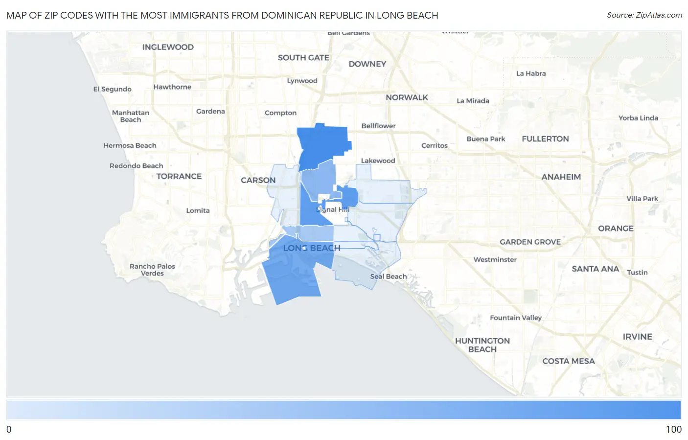 Zip Codes with the Most Immigrants from Dominican Republic in Long Beach Map