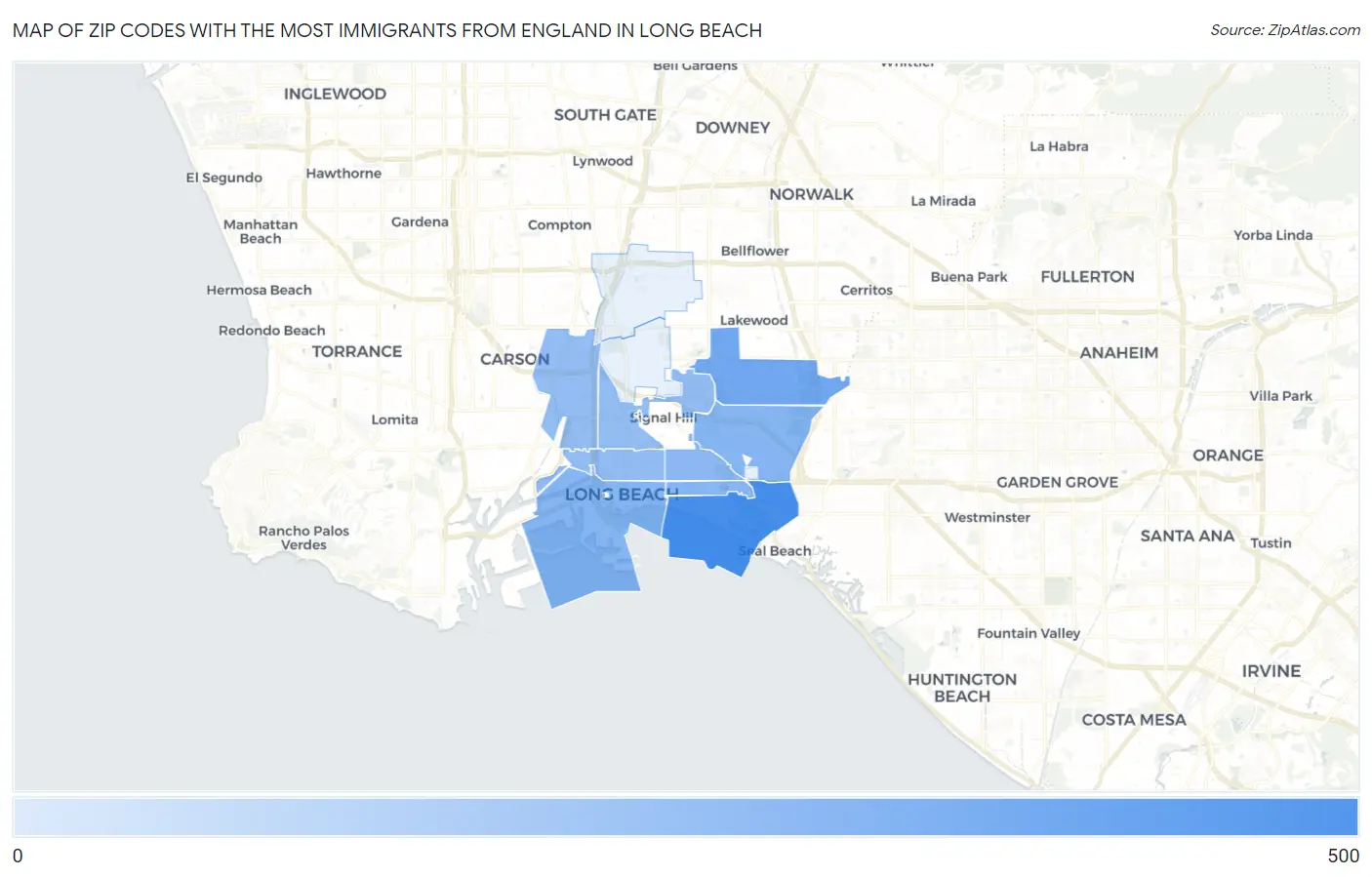 Zip Codes with the Most Immigrants from England in Long Beach Map