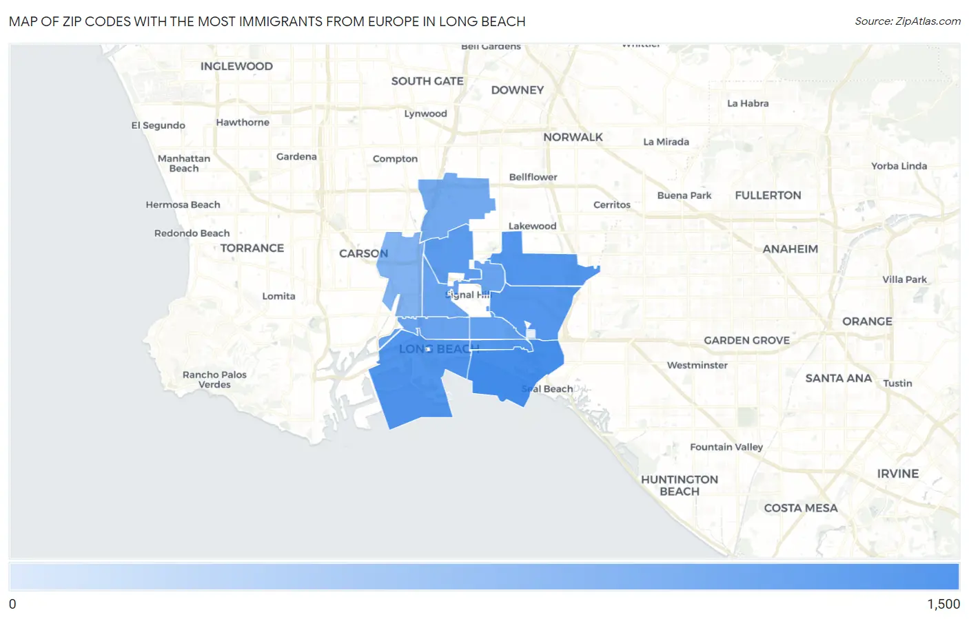 Zip Codes with the Most Immigrants from Europe in Long Beach Map