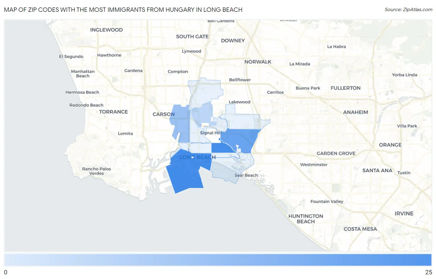 Zip Codes with the Most Immigrants from Hungary in Long Beach Map