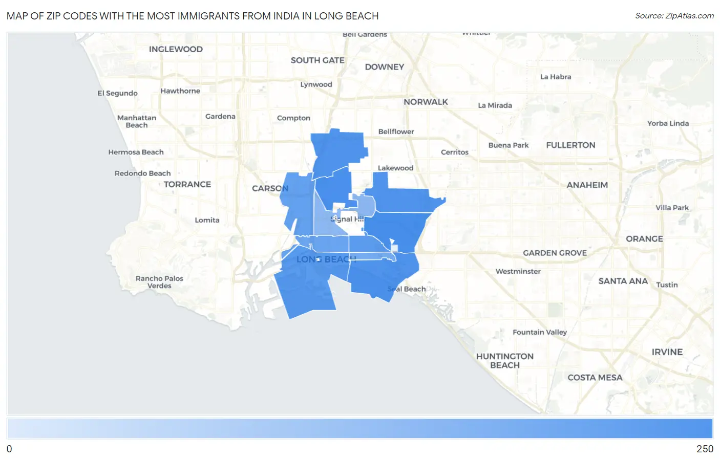 Zip Codes with the Most Immigrants from India in Long Beach Map
