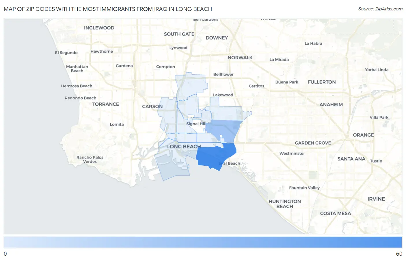 Zip Codes with the Most Immigrants from Iraq in Long Beach Map
