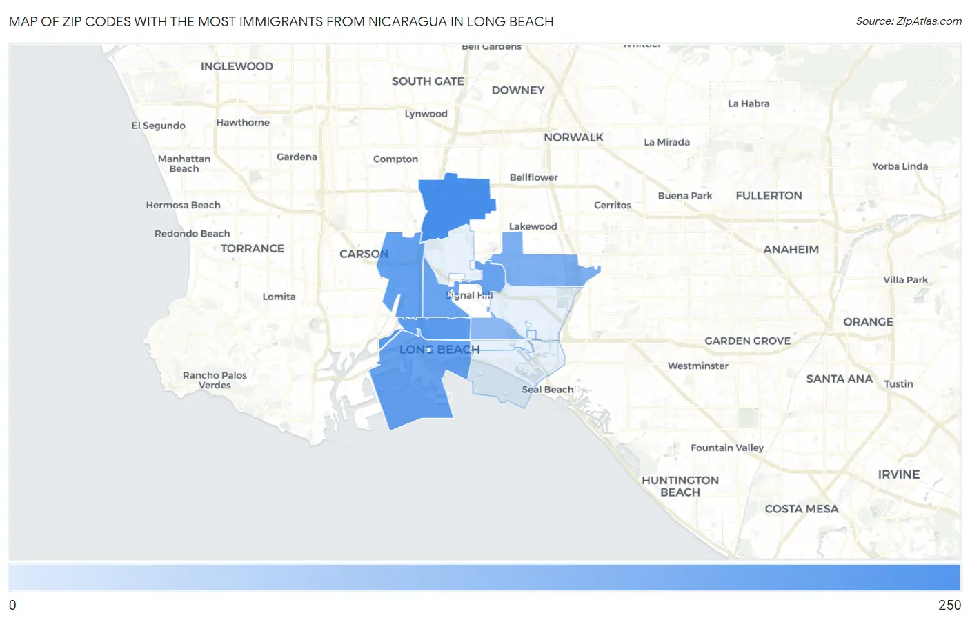 Zip Codes with the Most Immigrants from Nicaragua in Long Beach Map