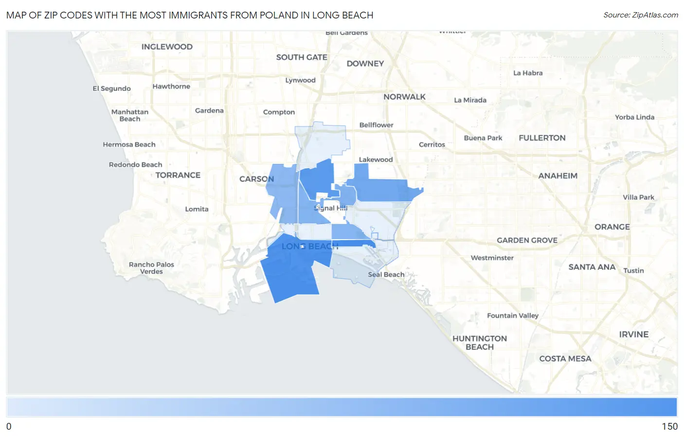 Zip Codes with the Most Immigrants from Poland in Long Beach Map