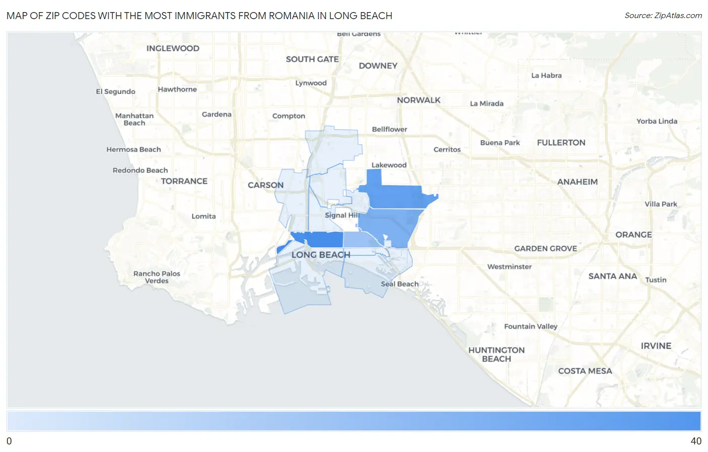 Zip Codes with the Most Immigrants from Romania in Long Beach Map