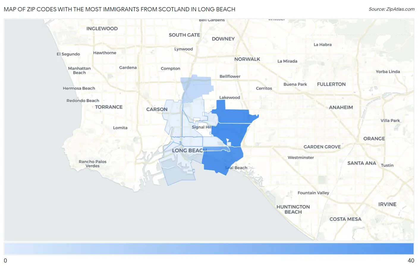 Zip Codes with the Most Immigrants from Scotland in Long Beach Map