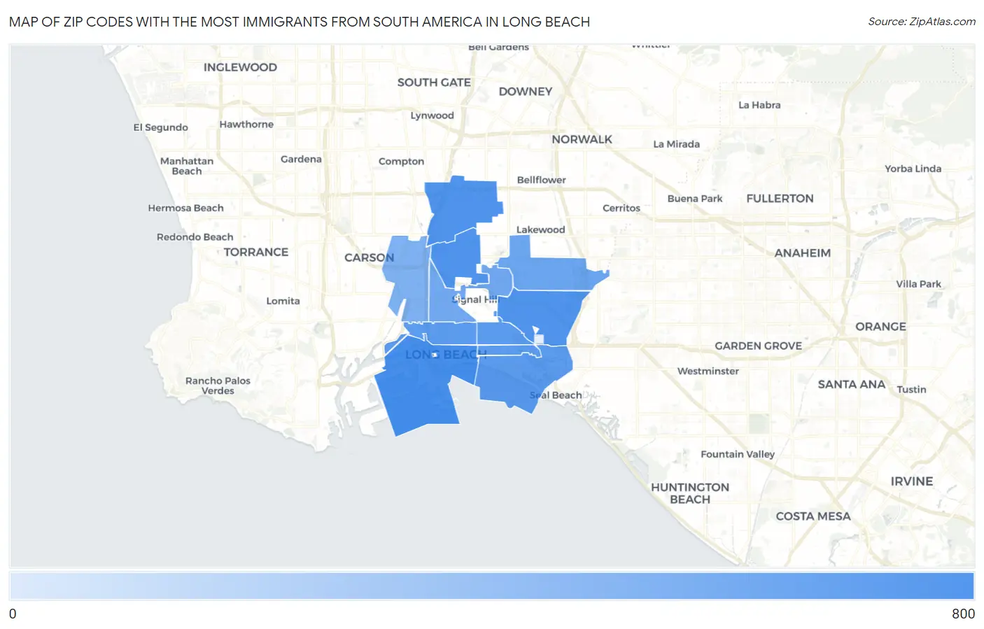 Zip Codes with the Most Immigrants from South America in Long Beach Map