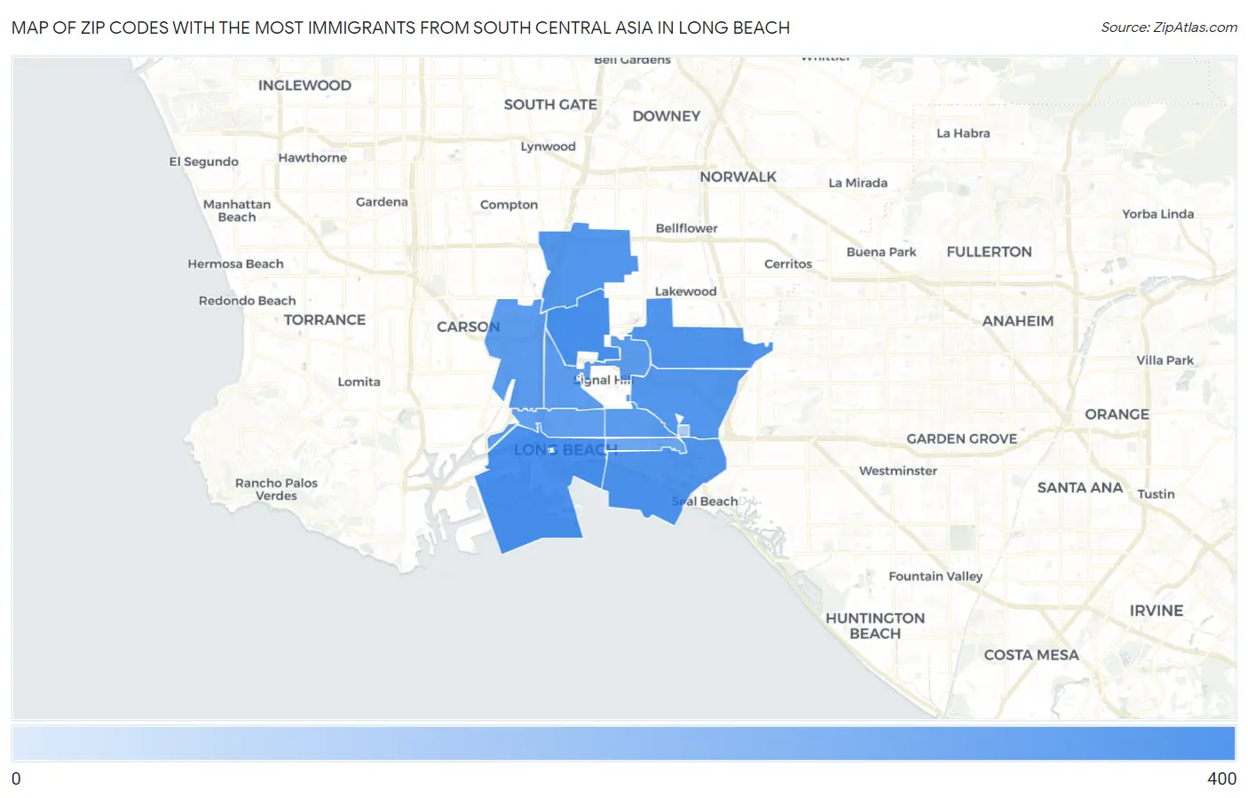 Zip Codes with the Most Immigrants from South Central Asia in Long Beach Map