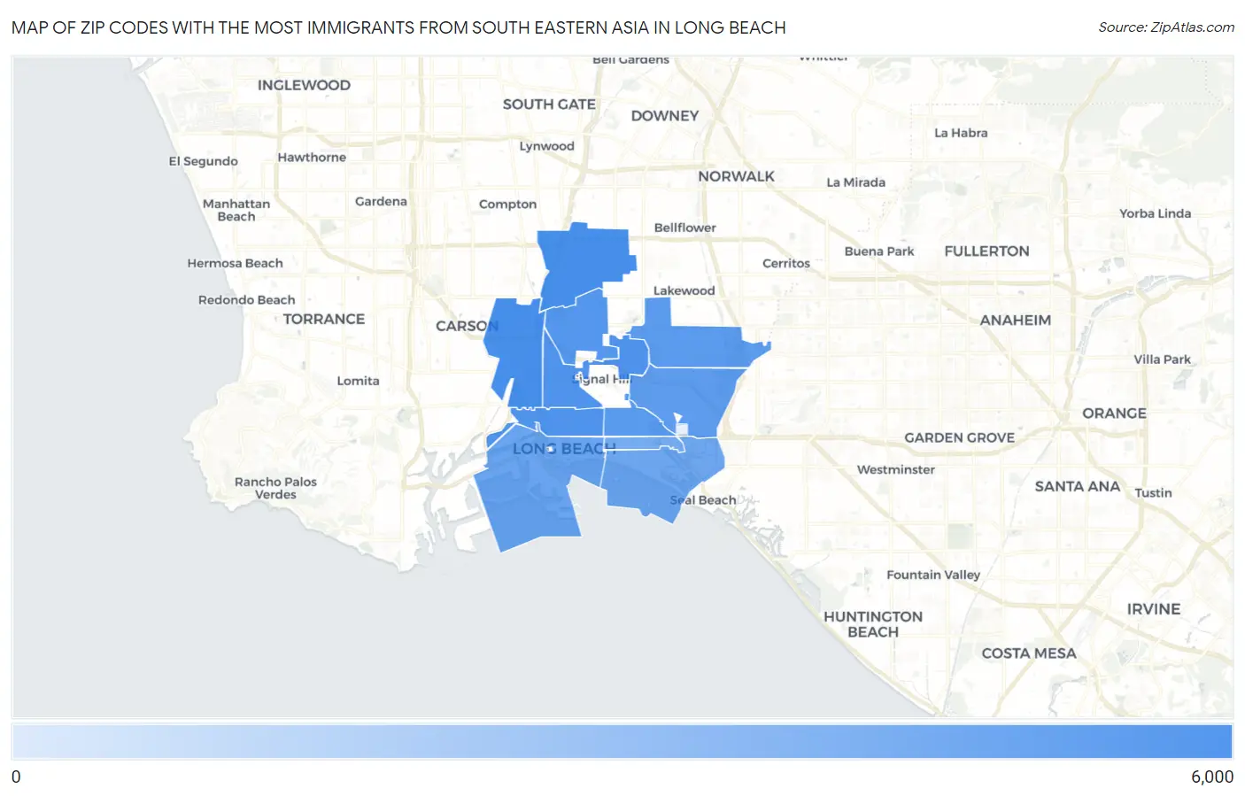 Zip Codes with the Most Immigrants from South Eastern Asia in Long Beach Map