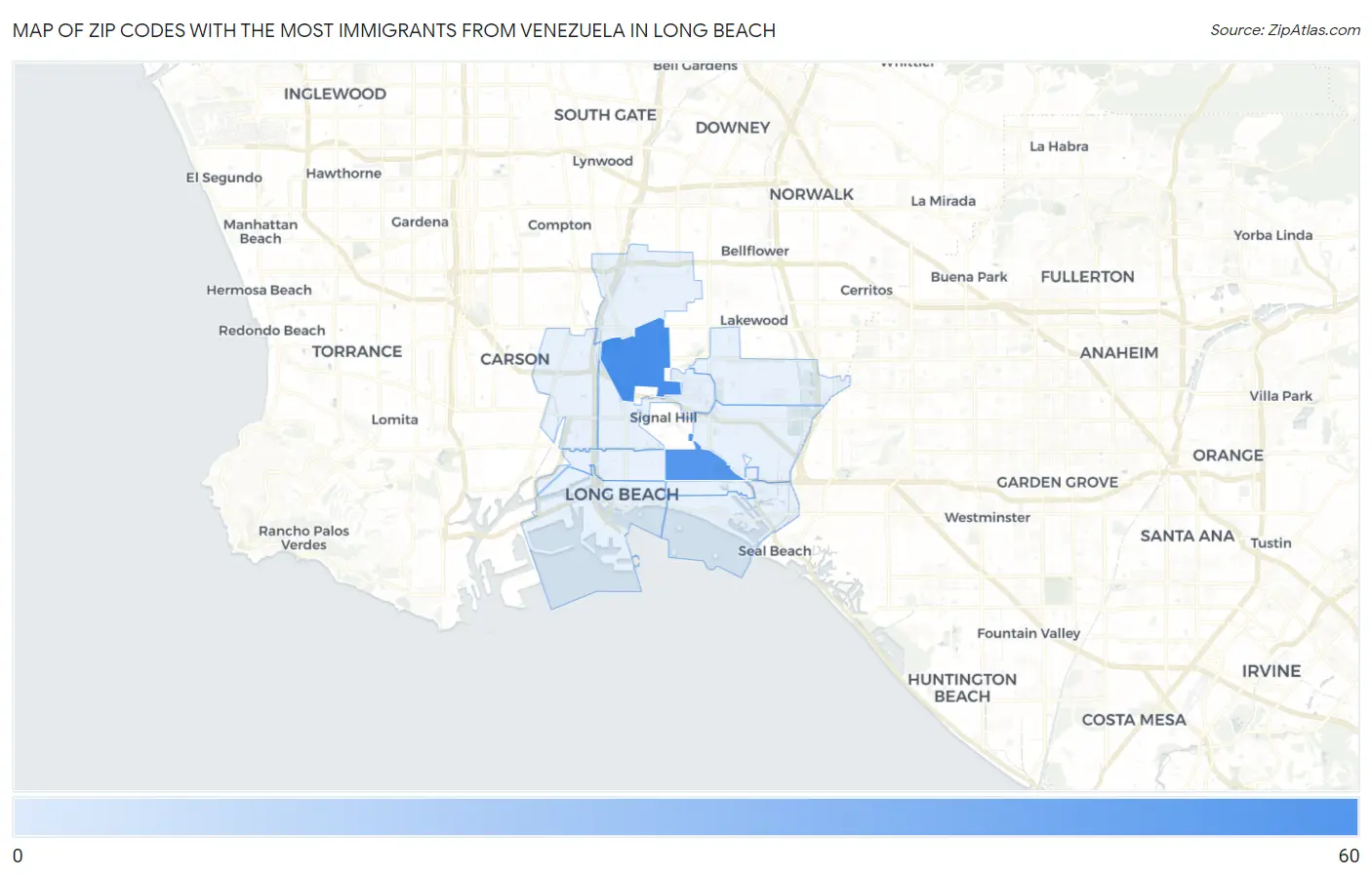 Zip Codes with the Most Immigrants from Venezuela in Long Beach Map