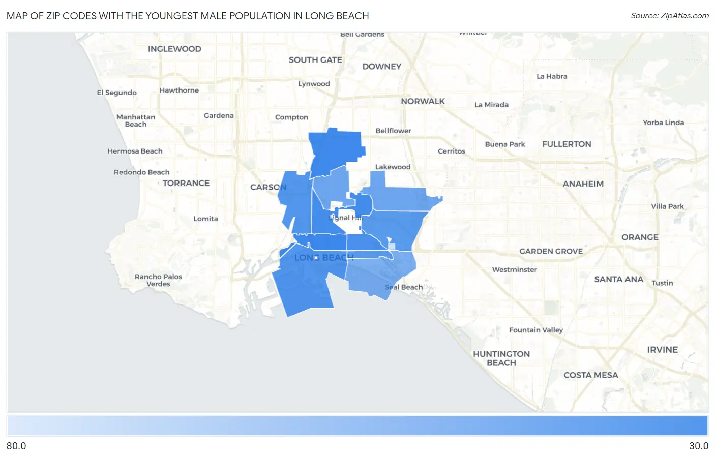 Zip Codes with the Youngest Male Population in Long Beach Map