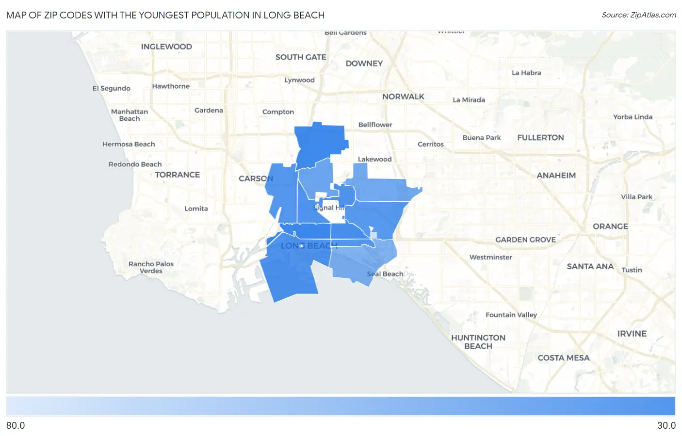 Zip Codes with the Youngest Population in Long Beach Map
