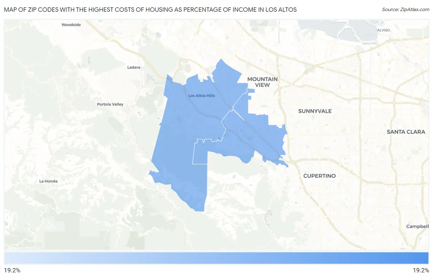 Zip Codes with the Highest Costs of Housing as Percentage of Income in Los Altos Map