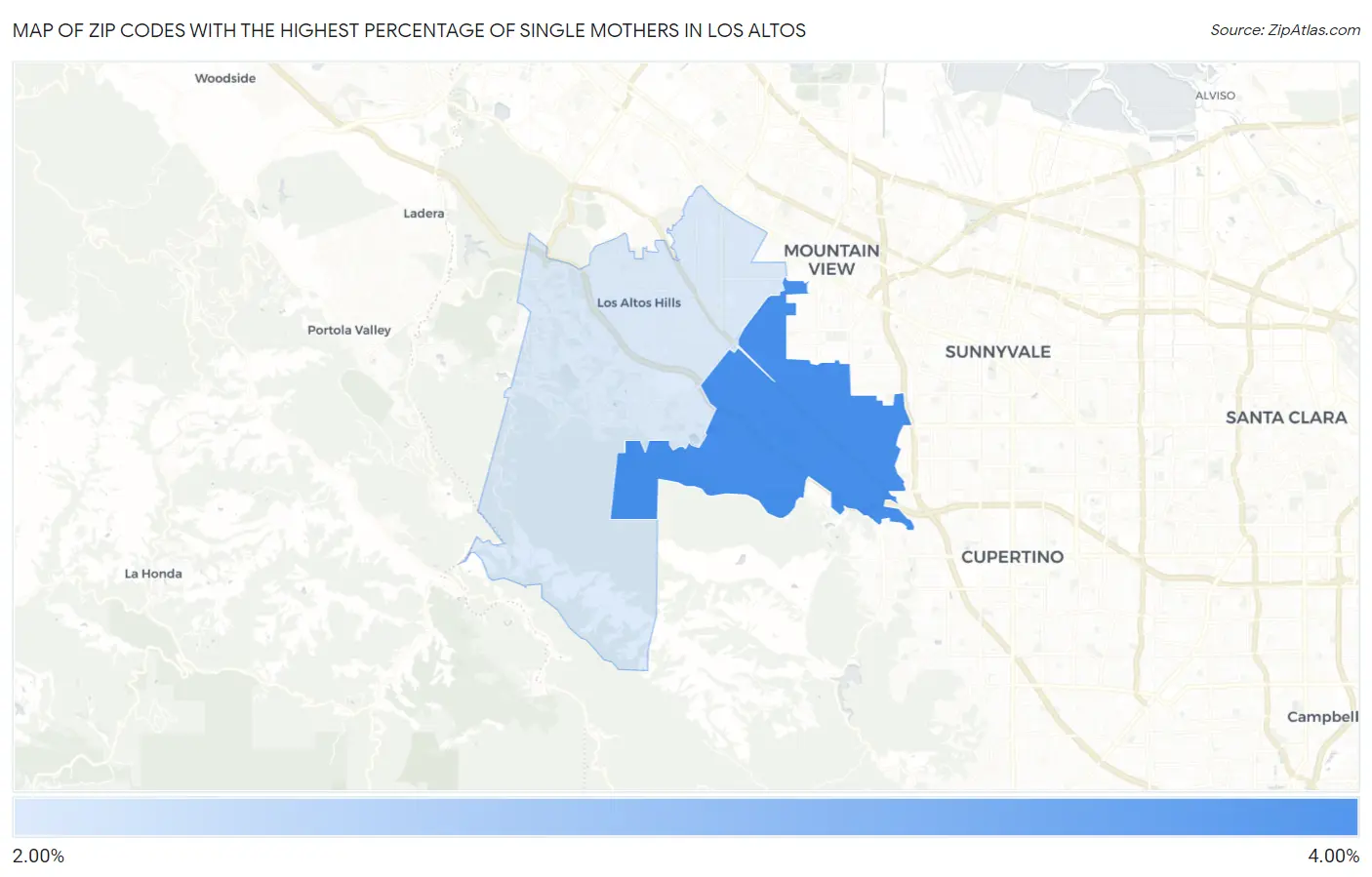 Zip Codes with the Highest Percentage of Single Mothers in Los Altos Map