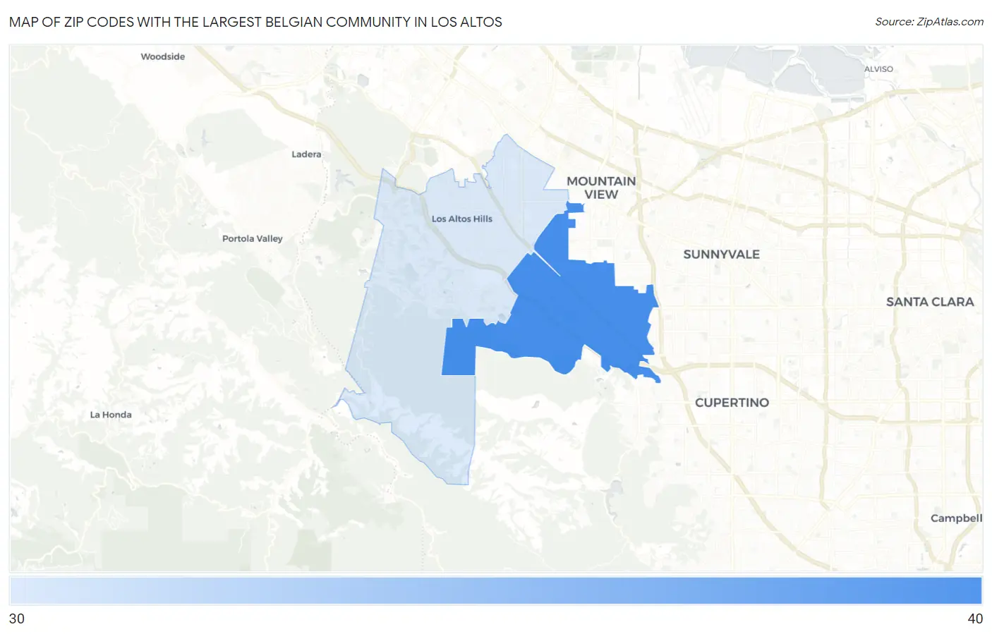 Zip Codes with the Largest Belgian Community in Los Altos Map