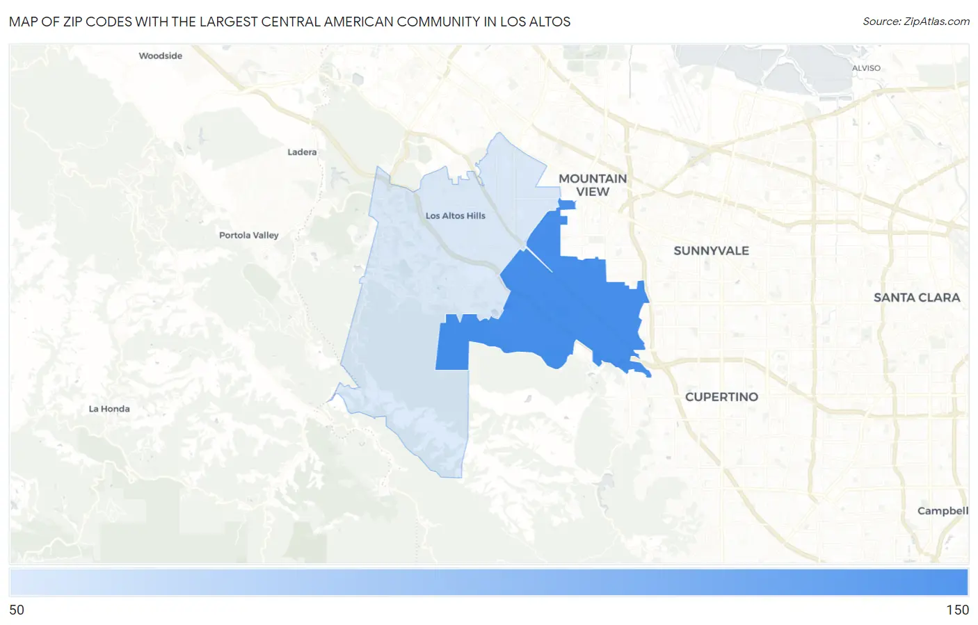Zip Codes with the Largest Central American Community in Los Altos Map