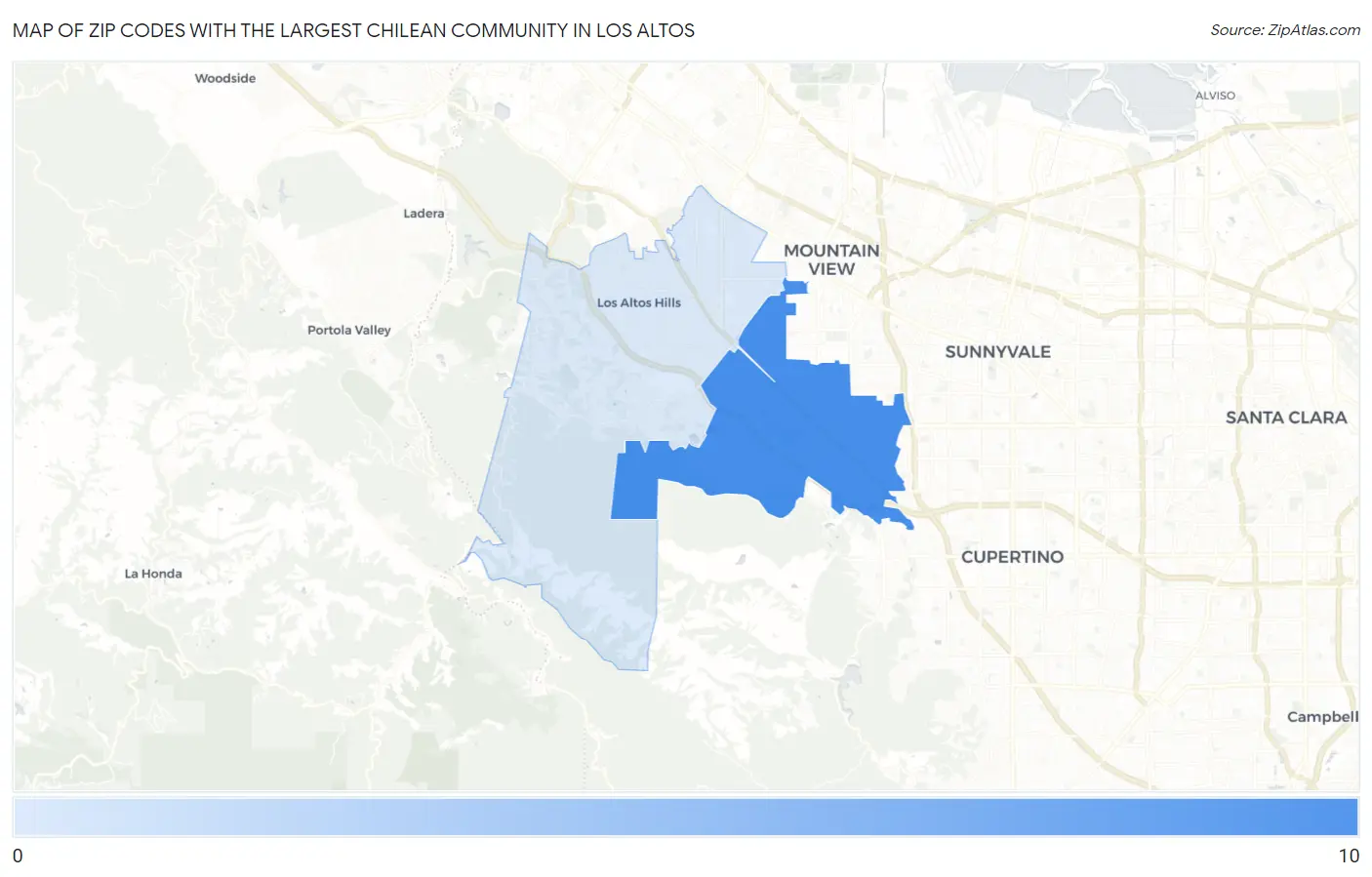 Zip Codes with the Largest Chilean Community in Los Altos Map
