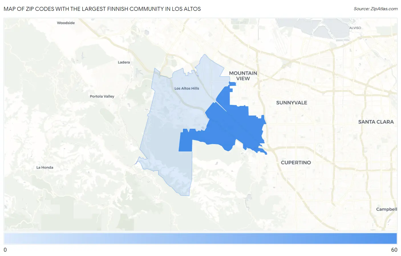 Zip Codes with the Largest Finnish Community in Los Altos Map