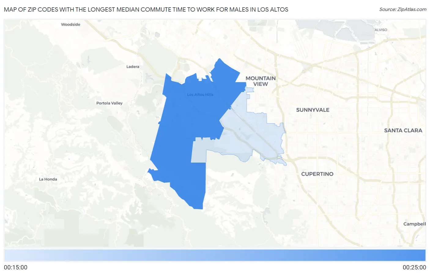 Zip Codes with the Longest Median Commute Time to Work for Males in Los Altos Map